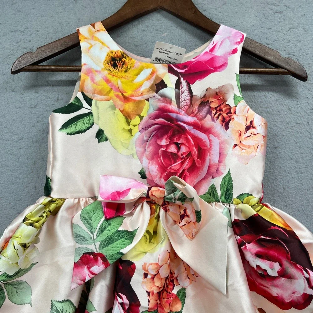 Zunie Floral Fit & Flare Dress Girls 6X Pink Sleeveless Bow Party Easter Wedding